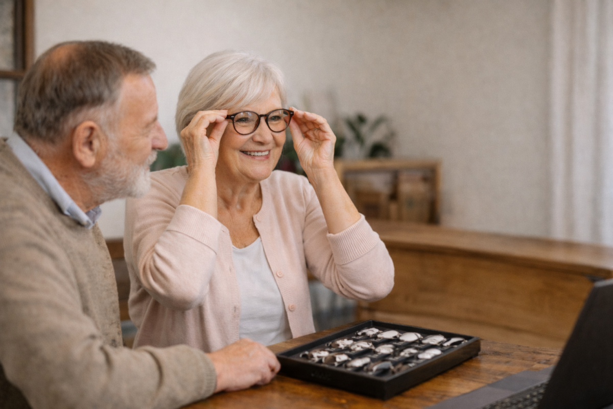 Senior mit neuer Brille zu Hause